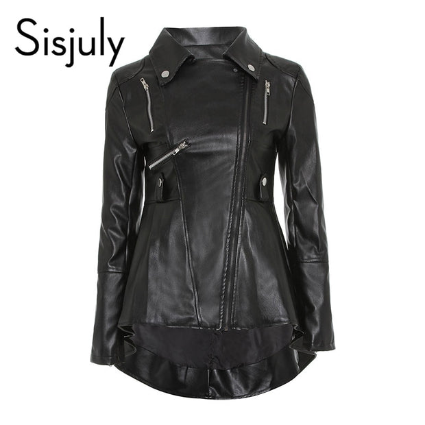 Sisjuly Black PU Leather Motorcycle Jacket Women Top Fashion Hot Sale Outerwear Zipper Cool Slim Fitness Female Goth Casual Coat - Ninjadark